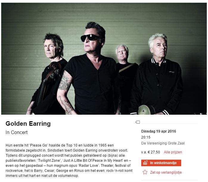 Golden Earring show announcement April 19, 2016 Nijmegen - De Vereeniging